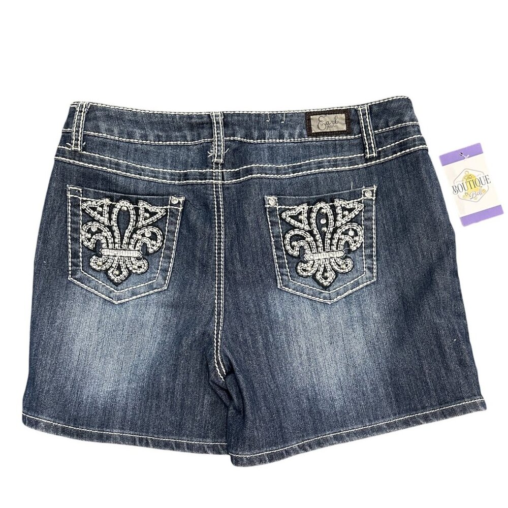 Earl Jean Womens 32 Dark Wash Stretch Shorts Rhinestone Fleur De Lis Pockets
